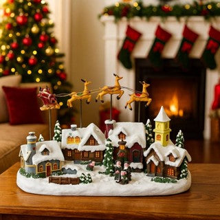 Vila de Natal Nevada C/ Led Musical em Resina 34X16X23CM